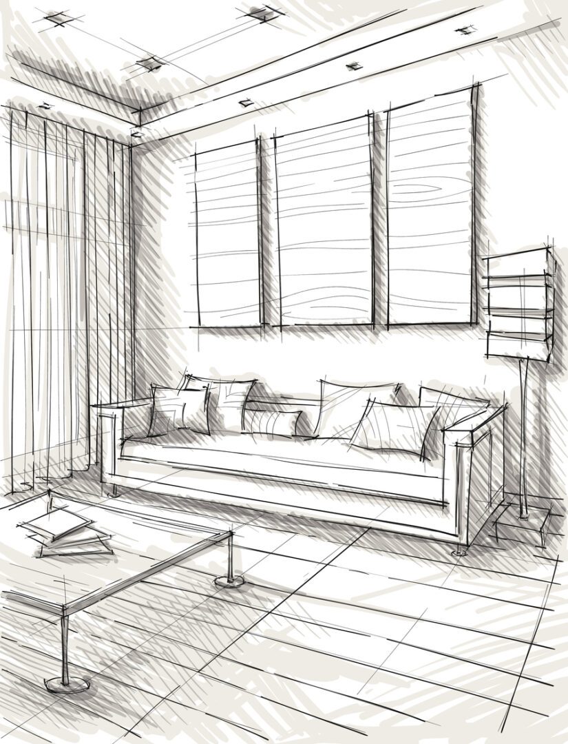 A drawing of a living room with three windows.